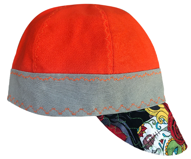 Day of the Dead/Safety Orange Prewashed Canvas Welding Cap Size 7 1/4