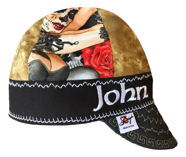 Tan/Day of the Dead Print Hybrid Welders Cap