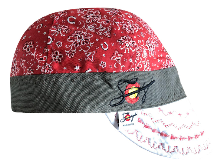 Red Paisley W/White Bill Embroidered Hybrid Welders Cap