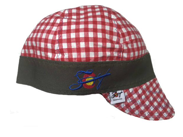 Bright Blue Embroidered Red Checkered Size 7 1/4 Hybrid Welding Cap